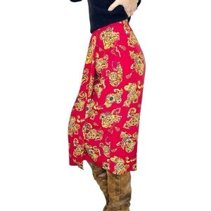 Vintage red gold floral print faux wrap midi skirt 6